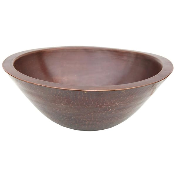 Eden Bath Double Wall Round Copper Vessel Sink with Hammered Exterior, Smooth Interior in Antique Dark
