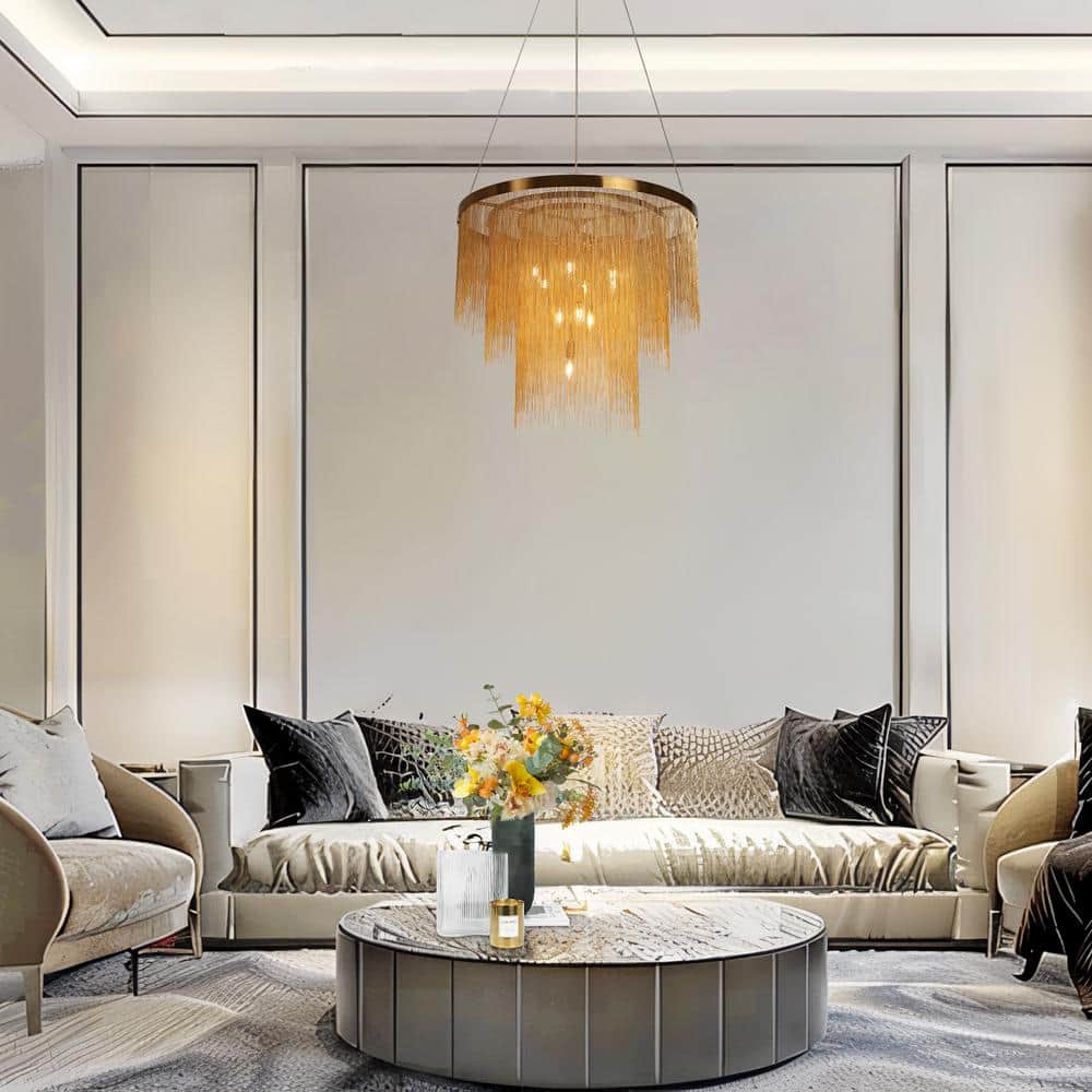 Gold 3-Tier Chain Tassel Drum Chandelier