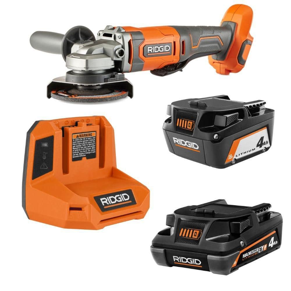 Ridgid 18V Cordless 4-1/2 in. Angle Grinder Kit, 4.0 Ah Battery, Charger & 18V 4.0 Ah MAX Output EXP Battery
