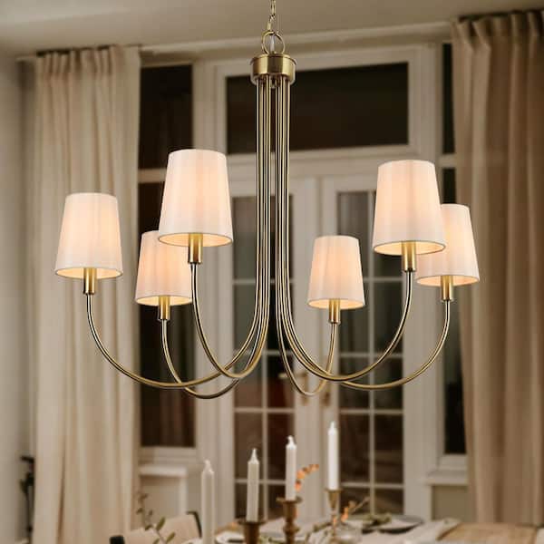 Zevni Transitional 28.5 in. 6-Light Plated Brass Sputnik Chandelier, Vintage Dining Room Chandelier with White Fabric Shade
