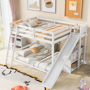White Full over Full Wooden Bunk Bed with Slide, Shelves and Ladder