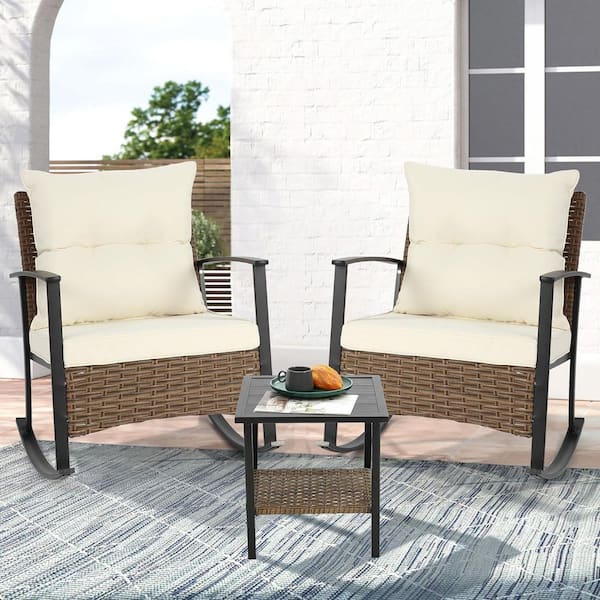 3-Piece Wicker Outdoor Bistro Furniture Set Rocking Chair Set with Beige Cushions and 2-Tier Coffee Table