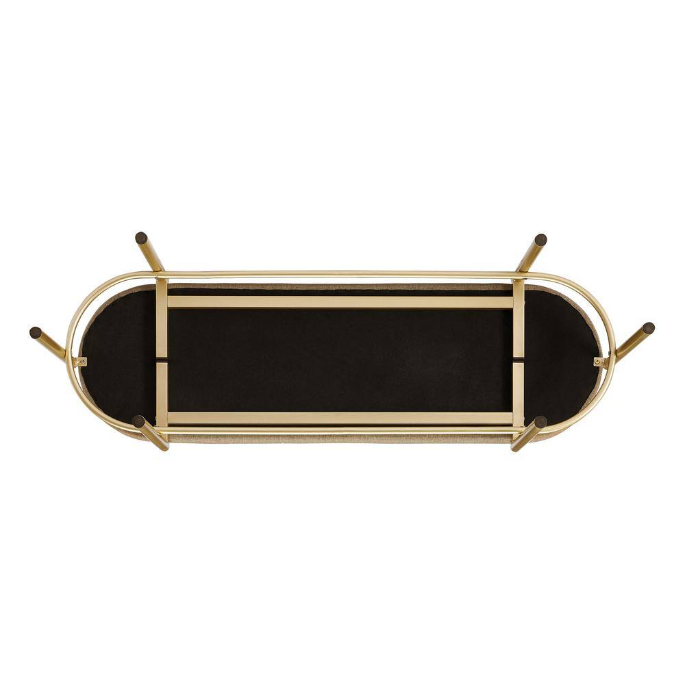 Taupe Upholstered Oval Entry Bench with Gold Frame, 48 Inch