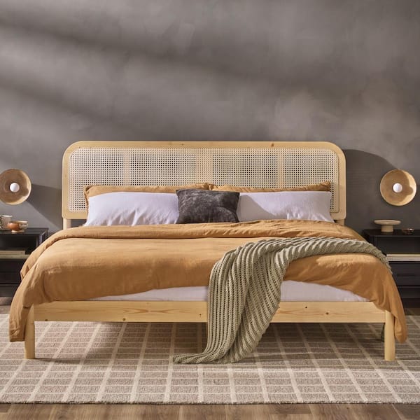 null Modern Beige Wood Frame King Platform Bed with Rattan Headboard