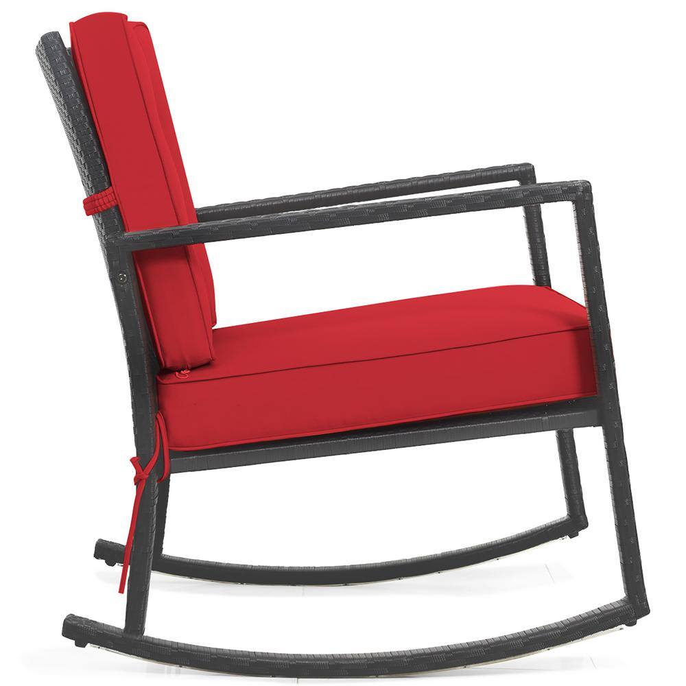 Red Cushioned Black Iron Outdoor Rocking Armchair Set