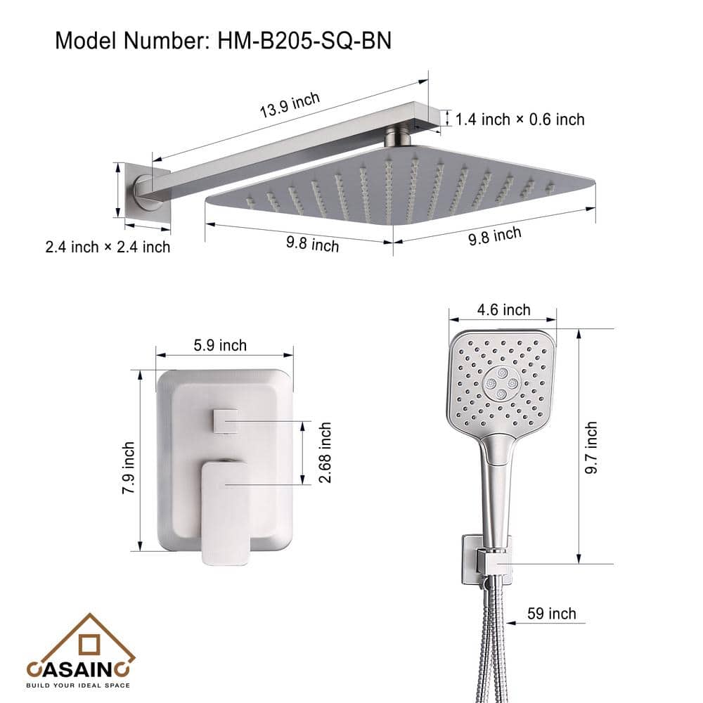 Brushed Nickel Dual Square Rain Shower Head with Handheld