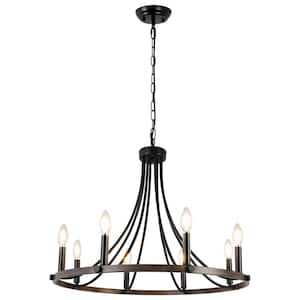 8-Light Wood Grain Wagon Wheel Chandelier for Living Room Dinning Room with No Bulbs Included