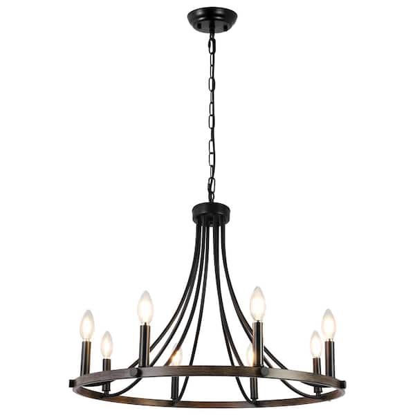 ZJVAIVE 8-Light Wood Grain Wagon Wheel Chandelier for Living Room Dinning Room with No Bulbs Included