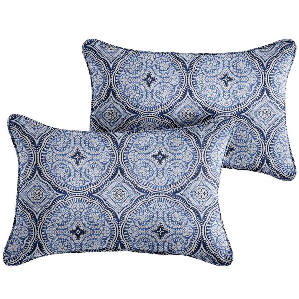 Blue Rectangular Outdoor Corded Lumbar Pillows (2-Pack)