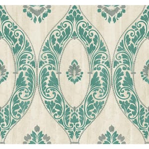 Medallion Beige and Green Paper Strippable Wallpaper Roll (Cover 60.75 sq. ft.)