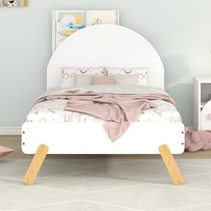 White Wood Cute Twin Size Platform Bed With Curved Headboard