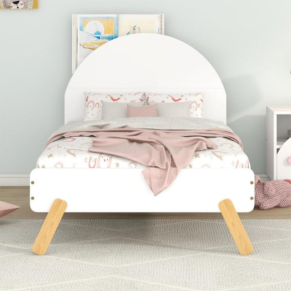 anpport White Wood Cute Twin Size Platform Bed With Curved Headboard