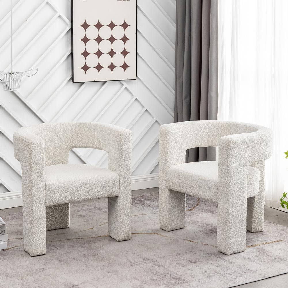 Set of 2 Cream Boucle Barrel Accent Chairs with Wood Frame