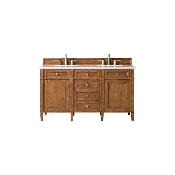 James Martin Vanities Brittany 60.0 in. W x 23.5 in. D x 34 in. H Bathroom Vanity in Saddle Brown with White Zeus Quartz Top