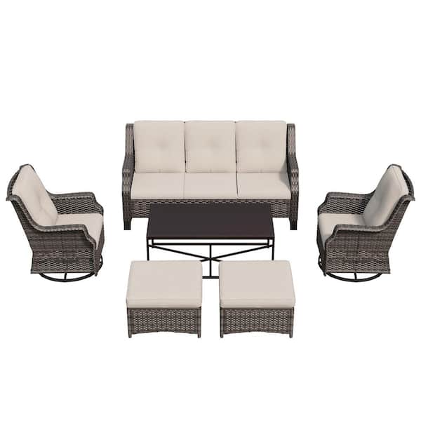6-Piece Patio Furniture Swivel Chairs Outdoor Wicker Patio Conversation Set with Beige Cushions