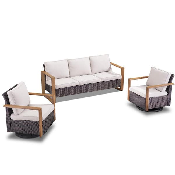 MetalWood 3-Piece Brown Wicker Patio Conversation Set with Swivel Gliders and 4.5 in. Olefin Beige Cushions