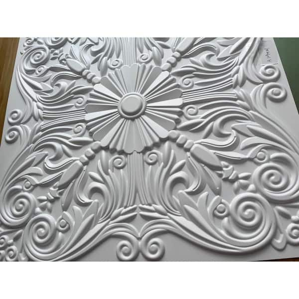 Art3d Decorative Ceiling Tile 2x2 Glue Up, Lay in Ceiling Tile 24x24 Pack  of 12pcs Spanish Floral in Matt White, Black 