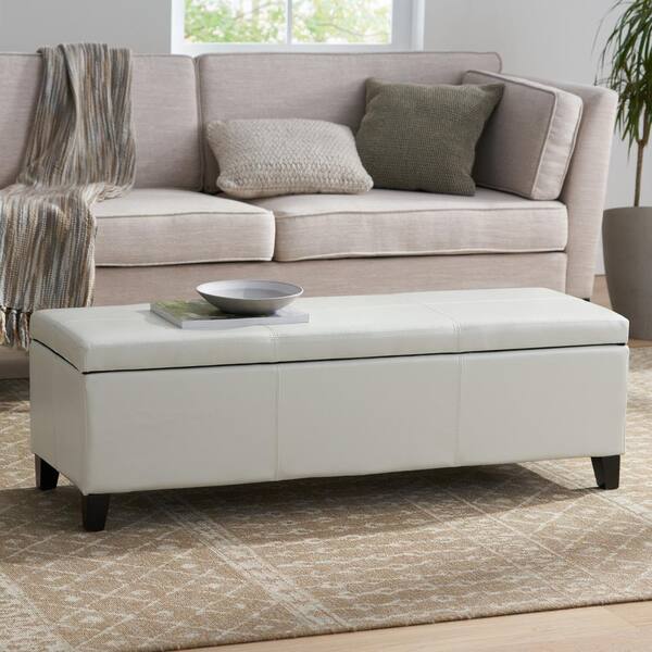Noble House Glouster Ivory Faux Leather, Long Leather Storage Bench