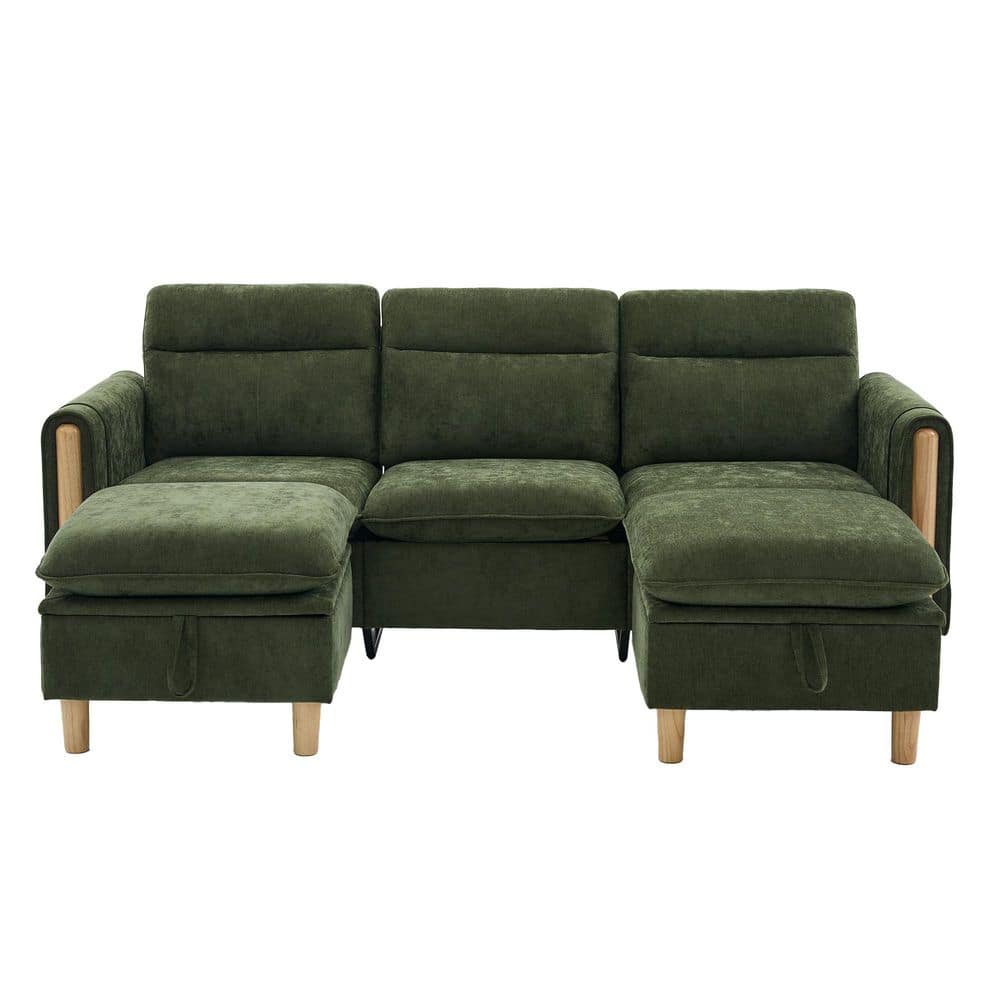 Front view of an emerald green chenille U-shaped sectional sofa with two storage ottomans.