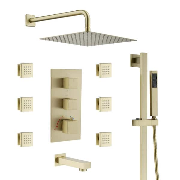 Boyel Living 1-Spray Thermostatic Dual Shower Head Wall Mount Fixed and Handheld Shower Head 2.5 GPM with Body Spray in Brushed GOld