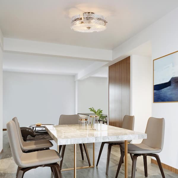 Modern Drum Ceiling Light 4-Light Plating Brass Round Semi-Flush Mount Light with Textured Glass Plates