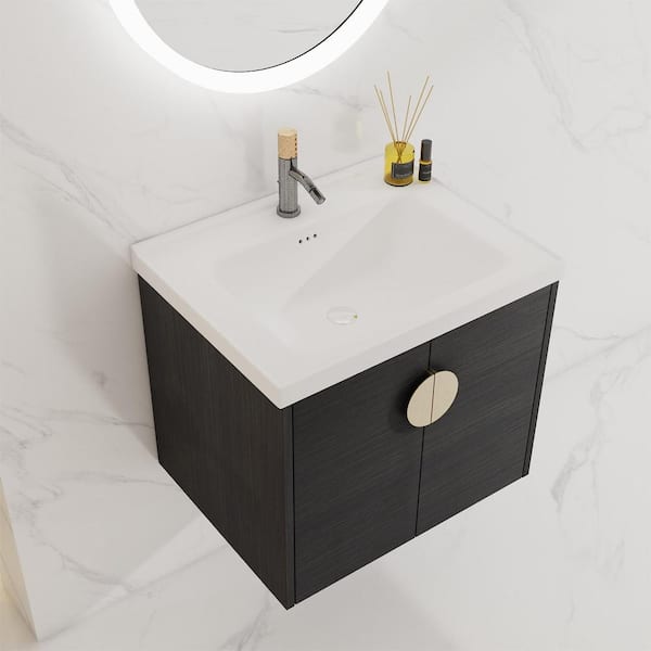 Modern 39 Floating Black Bathroom Vanity Stone Top Wall Mounted Bathroom  Cabinet