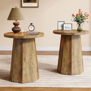 Kerlin 2PCS 19.7 in. Rustic Brown Round Wood End Table, Small Drum Side Table, Snack Table for Living Room, Bedroom