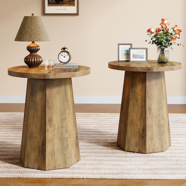 BYBLIGHT Kerlin 2PCS 19.7 in. Rustic Brown Round Wood End Table, Small Drum Side Table, Snack Table for Living Room, Bedroom