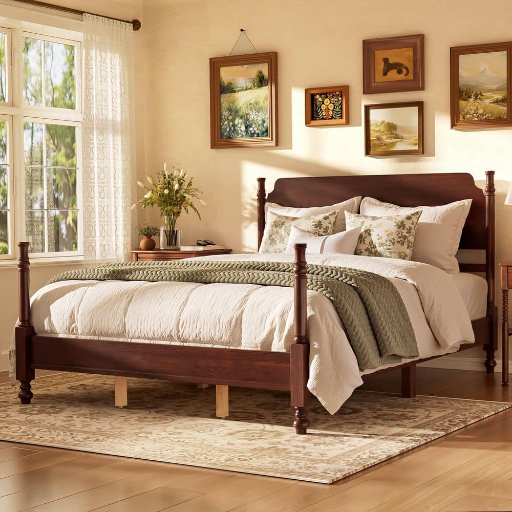 Dark Walnut(Brown) Wood Frame Queen Traditional Platform Bed with Spindle Posts and Vintage Headboard