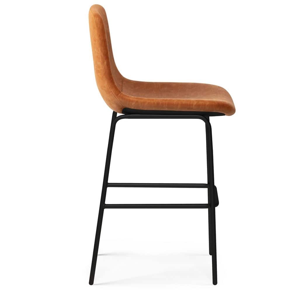 Contemporary Camel Brown Faux Leather Counter Stool with Black Metal Base