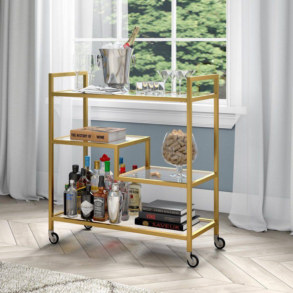 Gold Rectangular Bar Cart with Glass Shelves