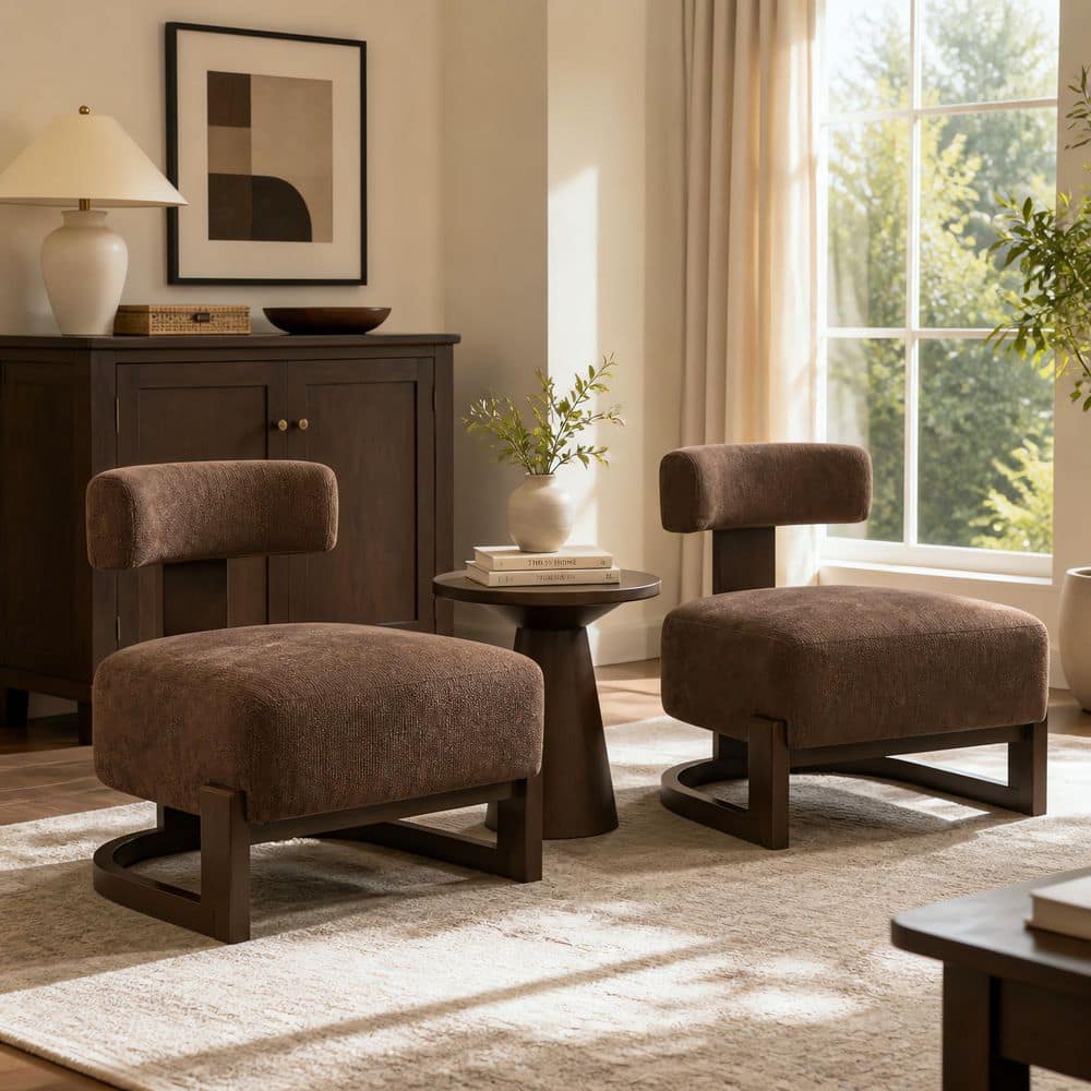Modern Brown Chenille Upholstered Side Chair with Cylindrical Roll Back Cushion, (Set of 2)