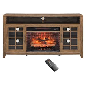 55 in. W x 15.5 in. D x 30.5 in. H Brown Linen Cabinet with TV Stand and Electric Fireplace KD Inserts Heater