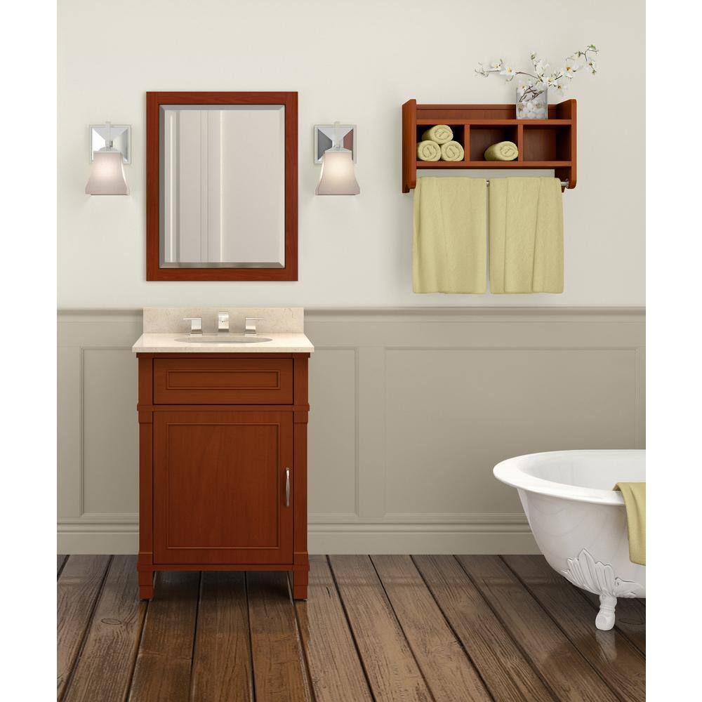 Chestnut Wood 25" Wall Mounted Bath Storage Shelf with Dual Towel Rods