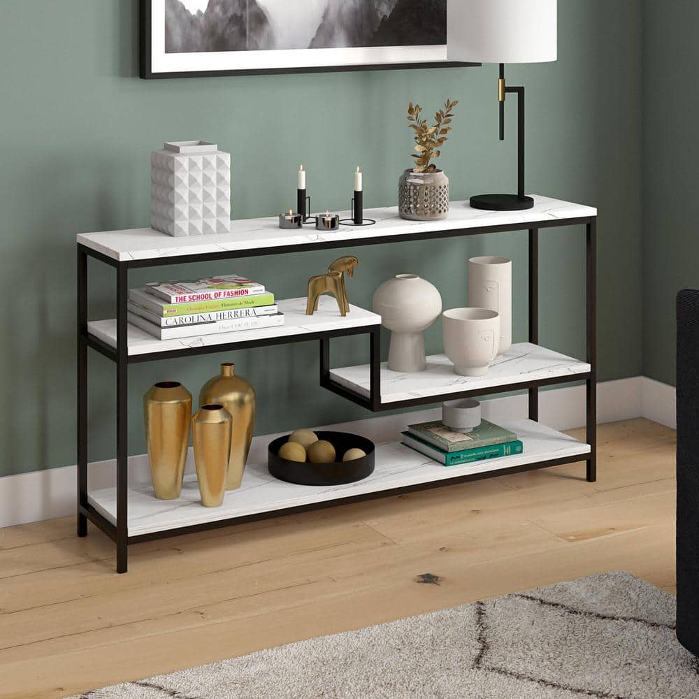 Mid-Century Glam 55" Blackened Bronze Console Table with Faux Marble Top