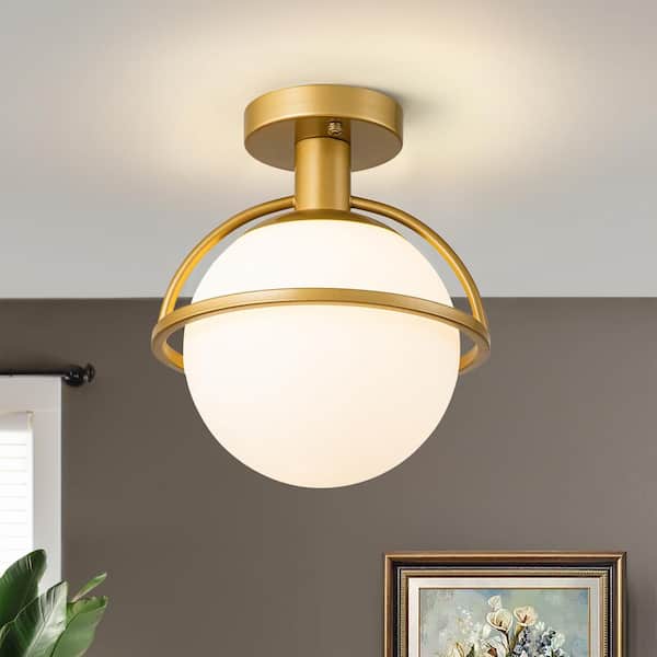 GoYeel 9.65 in. 1-Light Gold Modern/Contemporary Opal Glass Globe Semi-Flush Mount Ceiling Light