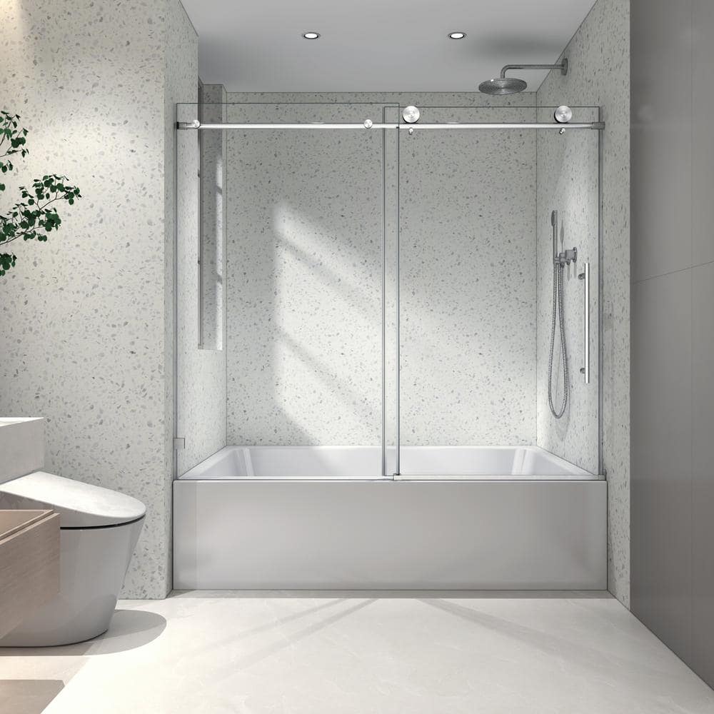 60'' Brushed Nickel Frameless Sliding Shower Door with Clear Glass