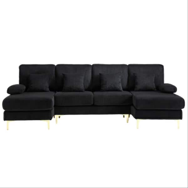 104 in. 4-piece U-Shape Modern Corduroy Upholstered Sectional Sofa with Double Chaises and Lighting System in. Black