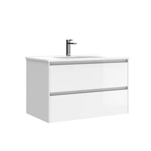 Perla 32 in. W x 18.1 in. D x 19.5 in. H Single Sink Wall Mounted Bath Vanity in Gloss White with White Ceramic Top