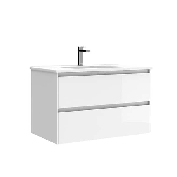 WS Bath Collections Perla 32 in. W x 18.1 in. D x 19.5 in. H Single Sink Wall Mounted Bath Vanity in Gloss White with White Ceramic Top