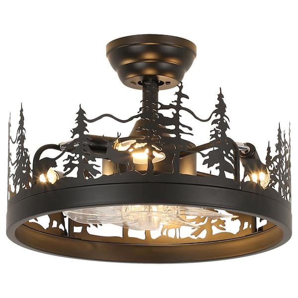 17.71 in. Metal Black Indoor Rustic Farmhouse Ceiling Fan with Light and Remote, Reversible Blades Chandelier Style