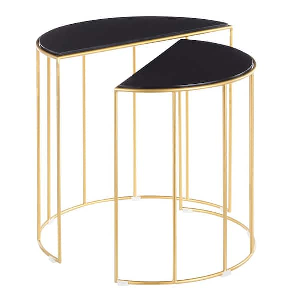 Lumisource Canary Nesting Tables in Gold Metal with Black Marble Top (Set of 2)