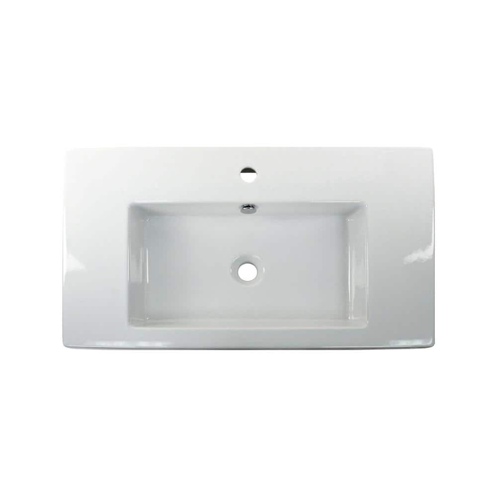 Glossy White Ceramic Rectangular Wall-Mounted Bathroom Sink