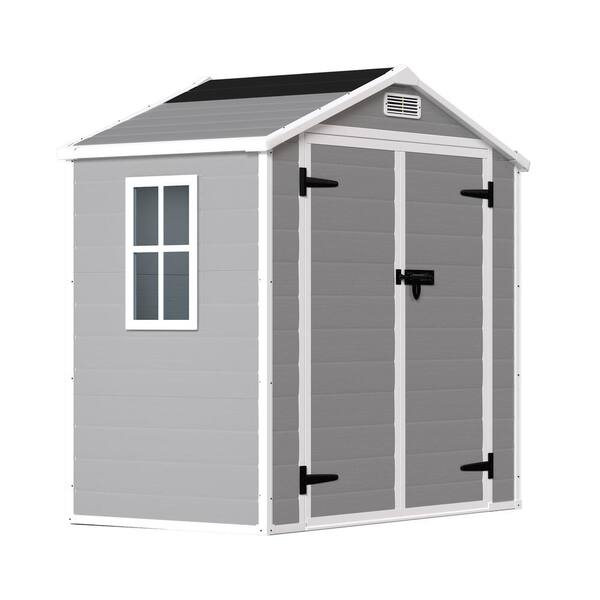 Unbranded 6 ft. W x 4 ft. D Plastic Storage Shed with Floor, Weather Resistant, for Garden, Backyard, Pool Tool, Grey (24 sq. ft.)