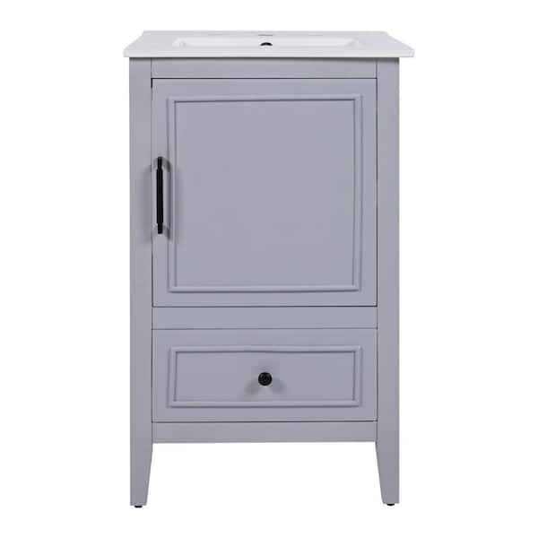 20 in. Single Sink Freestanding Gray Bath Vanity with White Ceramic Top, Adjustable Foot Pads, Storage Rack