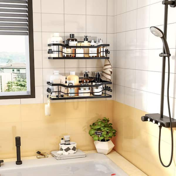 Dracelo 2 Pack Matte Black Bathroom Wall Mounted Adhesive Shower Caddies Shelf with Hooks