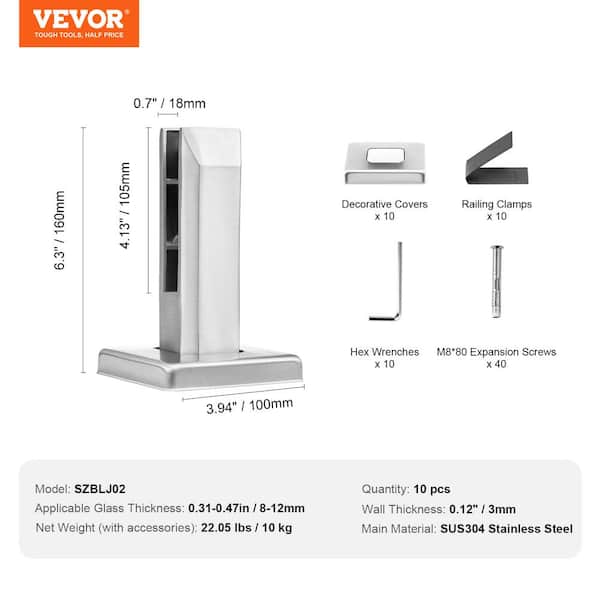 VEVOR Glass Clamp 10-PCS Railing Bracket 6.3 in. H x 4 in. W Silver 304 Stainless Steel for 0.31 to 0.47 in. Stair Railing Kit