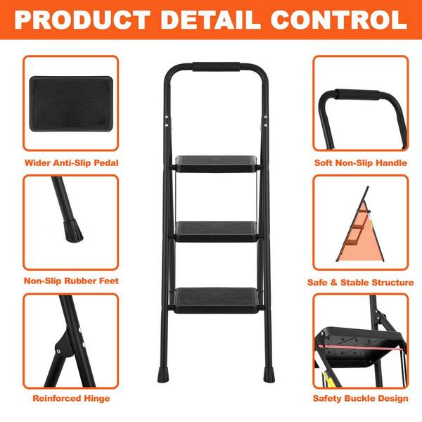 3 Step Ladder, Folding Step Ladder, Lightweight Folding Step Stool For Home, Kitchen, Library And Office (Black