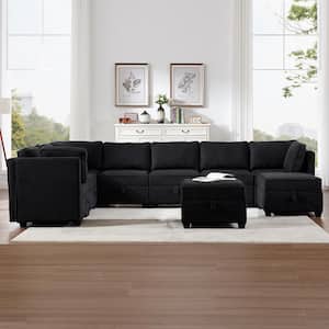 108.5 in. 9-Piece Oversized Modular Sofa Couch Black Linen Living Room Set Sectional with Storage Ottoman