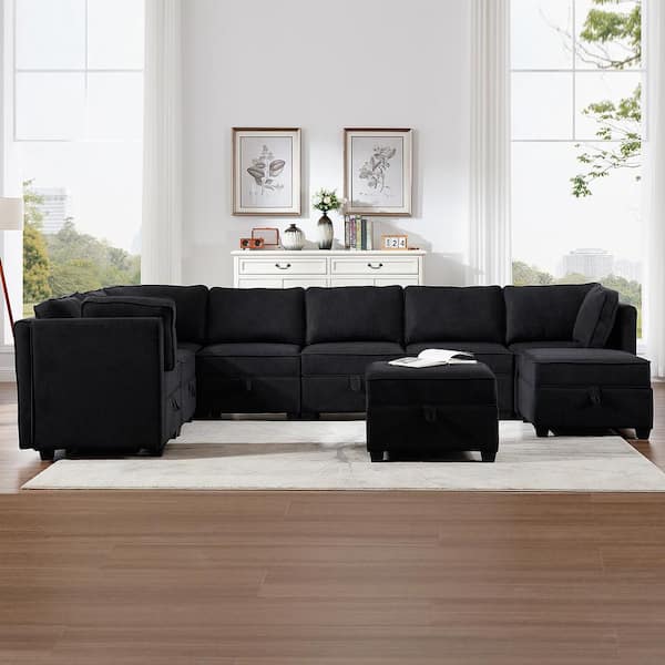 Morden Fort 108.5 in. 9-Piece Oversized Modular Sofa Couch Black Linen Living Room Set Sectional with Storage Ottoman
